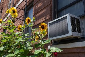 Window Air Conditioning Unit with Yellow Sunflowers