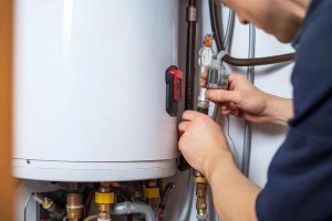Technician repairs an electric water heater in a house
