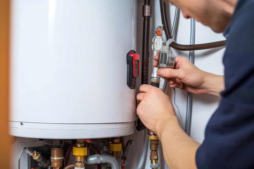 Technician repairs an electric water heater in a house