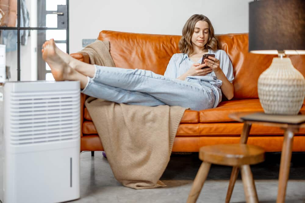 Pretty woman sitting near air purifier and humidifier appliance near sofa monitoring air quality in phone. Health microclimate at home concept.