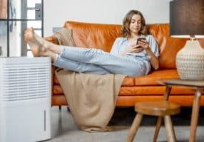 Pretty woman sitting near air purifier and humidifier appliance near sofa monitoring air quality in phone. Health microclimate at home concept.