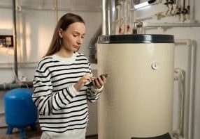 A young woman examines a non-operational boiler with concern, holding a phone in her hand, likely seeking help or planning to call for repair services. The basement setting indicates a residential location where the boiler malfunction requires immediate attention due to cold weather.